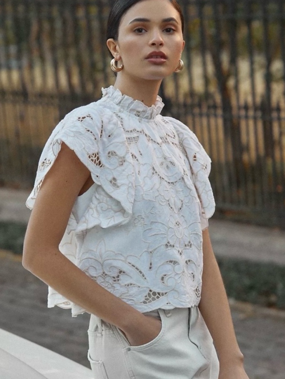 Anthropologie Blouse The Lainie High-Neck Lace Cutwork Floral Design Sz XS